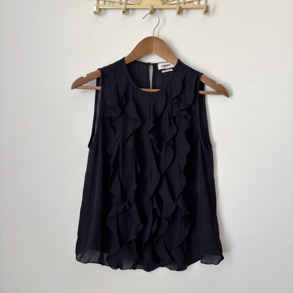 L'AGENCE Black Silk Sleeveless Ruffle Blouse XS